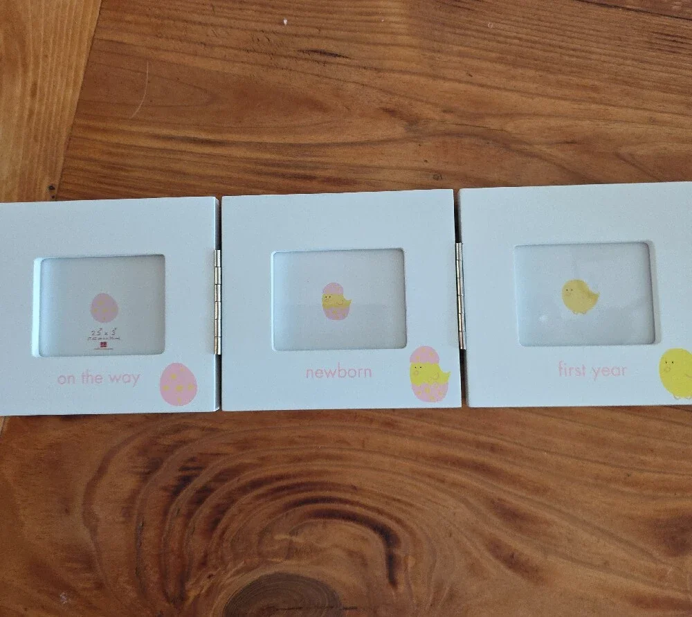 White Newborn Triple Picture Frame with Yellow Accents